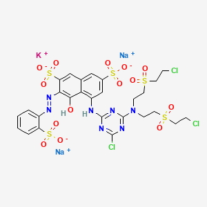 molecular formula C27H25Cl3KN7Na2O14S5 B14418015 2,7-Naphthalenedisulfonic acid, 5-((4-(bis(2-((2-chloroethyl)sulfonyl)ethyl)amino)-6-chloro-1,3,5-triazin-2-yl)amino)-4-hydroxy-3-((2-sulfophenyl)azo)-, potassium sodium salt CAS No. 85554-62-7