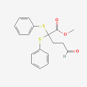 molecular formula C18H18O3S2 B14427045 Pentanoic acid, 5-oxo-2,2-bis(phenylthio)-, methyl ester CAS No. 84406-10-0