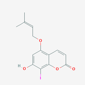 molecular formula C14H13IO4 B14427618 7-Hydroxy-8-iodo-5-[(3-methylbut-2-en-1-yl)oxy]-2H-1-benzopyran-2-one CAS No. 85657-30-3