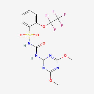 molecular formula C14H12F5N5O6S B14429688 Benzenesulfonamide, N-[[(4,6-dimethoxy-1,3,5-triazin-2-yl)amino]carbonyl]-2-(pentafluoroethoxy)- CAS No. 82097-14-1