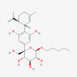molecular formula C27H40O8 B144333 (2R,3S,4S,5R,6R)-2-[3,5-dihydroxy-4-[(1S,6S)-3-methyl-6-prop-1-en-2-ylcyclohex-2-en-1-yl]phenyl]-2-(hydroxymethyl)-6-pentoxyoxane-3,4,5-triol CAS No. 126371-03-7