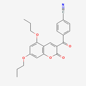 molecular formula C23H21NO5 B14437330 4-(2-Oxo-5,7-dipropoxy-2H-1-benzopyran-3-carbonyl)benzonitrile CAS No. 77016-76-3