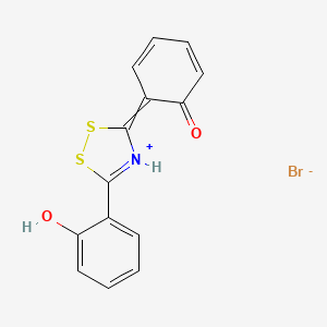 molecular formula C14H10BrNO2S2 B14437495 5-(2-Hydroxyphenyl)-3-(6-oxocyclohexa-2,4-dien-1-ylidene)-3H-1,2,4-dithiazol-4-ium bromide CAS No. 74619-51-5