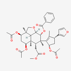 molecular formula C40H48O12 B14440317 2H-Naphtho(1,8-bc)furan-6-acetic acid, 3,5-bis(acetyloxy)-7-((3R,5S)-5-(acetyloxy)-3-(3-furanyl)-2-methyl-1-cyclopenten-1-yl)-8-(benzoyloxy)decahydro-2a,5a,7-trimethyl-, methyl ester, (2aR,3R,5S,5aR,6R,7R,8S,8aR,8bR)- CAS No. 76689-95-7