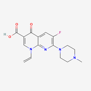 molecular formula C16H17FN4O3 B14440522 1,8-Naphthyridine-3-carboxylic acid, 1,4-dihydro-6-fluoro-7-(4-methyl-1-piperazinyl)-1-vinyl-4-oxo- CAS No. 74274-72-9