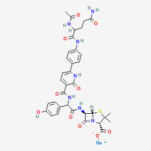 molecular formula C35H36N7NaO10S B14442983 sodium;(2S,5S,6R)-6-[[2-[[6-[4-[(2-acetamido-5-amino-5-oxopentanoyl)amino]phenyl]-2-oxo-1H-pyridine-3-carbonyl]amino]-2-(4-hydroxyphenyl)acetyl]amino]-3,3-dimethyl-7-oxo-4-thia-1-azabicyclo[3.2.0]heptane-2-carboxylate CAS No. 76899-80-4