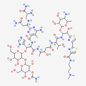 molecular formula C60H93N19O26S2 B14443184 [2-[2-[2-[[6-amino-2-[3-amino-1-[(2,3-diamino-3-oxopropyl)amino]-3-oxopropyl]-5-methylpyrimidine-4-carbonyl]amino]-3-[[5-[[1-[[1-(5-amino-3,4-dihydroxy-6-methyloxan-2-yl)oxy-2-[4-[4-[3-(dimethylamino)propylcarbamoyl]-1,3-thiazol-2-yl]-1,3-thiazol-2-yl]-2-hydroxyethyl]amino]-3-hydroxy-1-oxobutan-2-yl]amino]-3-hydroxy-5-oxopentan-2-yl]amino]-1-(1H-imidazol-5-yl)-3-oxopropoxy]-4,5-dihydroxy-6-(hydroxymethyl)oxan-3-yl]oxy-3,5-dihydroxy-6-(hydroxymethyl)oxan-4-yl] carbamate CAS No. 77368-74-2