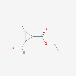 molecular formula C8H12O3 B14443205 Cyclopropanecarboxylic acid, 2-formyl-3-methyl-, ethyl ester CAS No. 75002-85-6