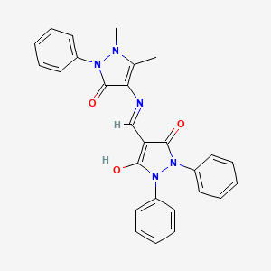 molecular formula C27H23N5O3 B14449370 3,5-Pyrazolidinedione, 4-((2,3-dimethyl-3-oxo-1-phenyl-4-pyrazolinyl)aminomethylene)-1,2-diphenyl- CAS No. 73972-68-6