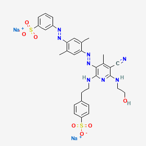 molecular formula C31H30N8Na2O7S2 B14450365 disodium;3-[[4-[[5-cyano-6-(2-hydroxyethylamino)-4-methyl-2-[2-(4-sulfonatophenyl)ethylamino]pyridin-3-yl]diazenyl]-2,5-dimethylphenyl]diazenyl]benzenesulfonate CAS No. 74499-55-1