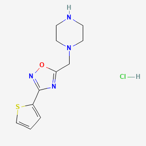 molecular formula C11H15ClN4OS B1445937 1-{[3-(Thiophen-2-yl)-1,2,4-oxadiazol-5-yl]methyl}piperazine hydrochloride CAS No. 1803597-91-2