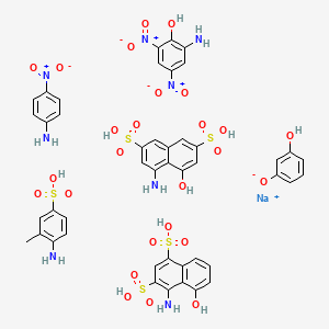 molecular formula C45H43N8NaO26S5 B14470048 Sodium;2-amino-4,6-dinitrophenol;4-amino-5-hydroxynaphthalene-1,3-disulfonic acid;4-amino-5-hydroxynaphthalene-2,7-disulfonic acid;4-amino-3-methylbenzenesulfonic acid;3-hydroxyphenolate;4-nitroaniline 