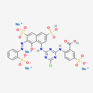 molecular formula C26H14ClN7Na4O15S4 B14477960 Benzoic acid, 2-((4-chloro-6-((8-hydroxy-3,6-disulfo-7-((2-sulfophenyl)azo)-1-naphthalenyl)amino)-1,3,5-triazin-2-yl)amino)-5-sulfo-, tetrasodium salt CAS No. 70865-39-3