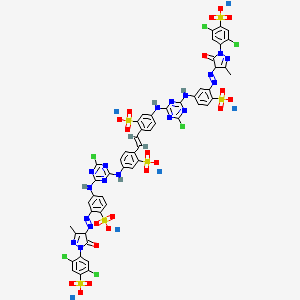 molecular formula C52H30Cl6N18Na6O20S6 B14479419 Benzenesulfonic acid, 2,2'-(1,2-ethenediyl)bis[5-[[4-chloro-6-[[3-[[1-(2,5-dichloro-4-sulfophenyl)-4,5-dihydro-3-methyl-5-oxo-1H-pyrazol-4-yl]azo]-4-sulfophenyl]amino]-1,3,5-triazin-2-yl]amino]-, hexasodium salt CAS No. 70224-83-8