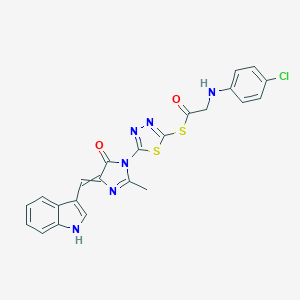 molecular formula C23H17ClN6O2S2 B144847 Ethanethioic acid, ((4-chlorophenyl)amino)-, S-(5-(4,5-dihydro-4-(1H-indol-3-ylmethylene)-2-methyl-5-oxo-1H-imidazol-1-yl)-1,3,4-thiadiazol-2-yl) ester CAS No. 127227-40-1