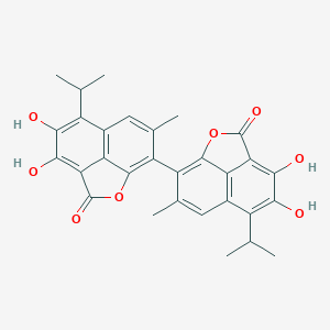 molecular formula C30H26O8 B144882 (11E)-3-hydroxy-10-methyl-7-propan-2-yl-11-(3,5,6-trihydroxy-10-methyl-7-propan-2-yl-2-oxatricyclo[6.3.1.04,12]dodeca-1(12),3,5,7,9-pentaen-11-ylidene)-2-oxatricyclo[6.3.1.04,12]dodeca-1(12),3,7,9-tetraene-5,6-dione CAS No. 135692-96-5