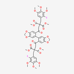 molecular formula C48H48I2O20 B14490294 Dimethyl 2-[(2-iodo-3,4,5-trimethoxyphenyl)methyl]-2-[2-[6-[6-[3-[(2-iodo-3,4,5-trimethoxyphenyl)methyl]-4-methoxy-3-methoxycarbonyl-4-oxobutanoyl]-1,3-benzodioxol-5-yl]-1,3-benzodioxol-5-yl]-2-oxoethyl]propanedioate CAS No. 64521-00-2