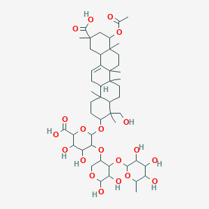 molecular formula C49H76O20 B145079 6-[[9-Acetyloxy-11-carboxy-4-(hydroxymethyl)-4,6a,6b,8a,11,14b-hexamethyl-1,2,3,4a,5,6,7,8,9,10,12,12a,14,14a-tetradecahydropicen-3-yl]oxy]-5-[5,6-dihydroxy-4-(3,4,5-trihydroxy-6-methyloxan-2-yl)oxyoxan-3-yl]oxy-3,4-dihydroxyoxane-2-carboxylic acid CAS No. 136027-06-0