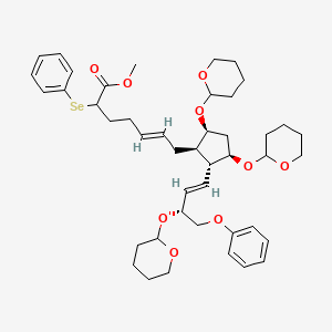 molecular formula C44H60O9Se B14517618 5-Heptenoic acid, 7-(3,5-bis((tetrahydro-2H-pyran-2-yl)oxy)-2-(4-phenoxy-3-((tetrahydro-2H-pyran-2-yl)oxy)-1-butenyl)cyclopentyl)-2-(phenylseleno)-, methyl ester CAS No. 62524-93-0