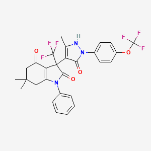 molecular formula C28H23F6N3O4 B1452680 6,6-Diméthyl-3-(5-méthyl-3-oxo-2-(4-(trifluorométhoxy)phényl)-2,3-dihydro-1H-pyrazol-4-yl)-1-phényl-3-(trifluorométhyl)-6,7-dihydro-1H-indole-2,4(3H,5H)-dione CAS No. 1067647-43-1