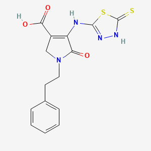 molecular formula C15H14N4O3S2 B1453141 4-[(5-巯基-1,3,4-噻二唑-2-基)氨基]-5-氧代-1-(2-苯乙基)-2,5-二氢-1H-吡咯-3-羧酸 CAS No. 1111018-89-3