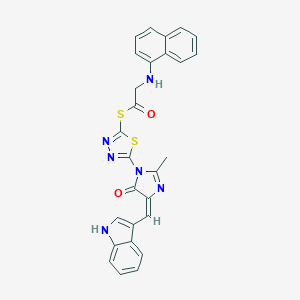 molecular formula C27H20N6O2S2 B145332 S-[5-[(4E)-4-(1H-indol-3-ylmethylidene)-2-methyl-5-oxoimidazol-1-yl]-1,3,4-thiadiazol-2-yl] 2-(naphthalen-1-ylamino)ethanethioate CAS No. 127216-76-6