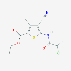 molecular formula C12H13ClN2O3S B1453519 5-[(2-クロロプロパノイル)アミノ]-4-シアノ-3-メチルチオフェン-2-カルボン酸エチル CAS No. 1153442-91-1