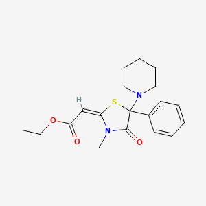 molecular formula C19H24N2O3S B14608013 Acetic acid, (3-methyl-4-oxo-5-phenyl-5-(1-piperidinyl)-2-thiazolidinylidene)-, ethyl ester CAS No. 58906-57-3