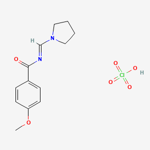 molecular formula C13H17ClN2O6 B14611563 4-methoxy-N-(pyrrolidin-1-ylmethylidene)benzamide;perchloric acid CAS No. 58415-29-5