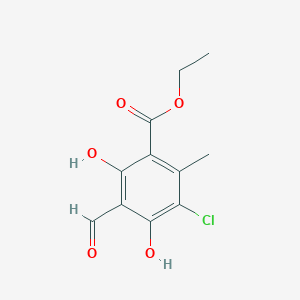 molecular formula C11H11ClO5 B14618261 Benzoic acid, 3-chloro-5-formyl-4,6-dihydroxy-2-methyl-, ethyl ester CAS No. 57857-81-5