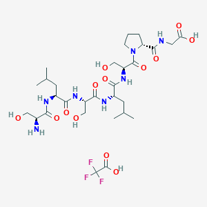 molecular formula C30H50F3N7O13 B1462128 2-[[(2R)-1-[(2S)-2-[[(2S)-2-[[(2S)-2-[[(2S)-2-[[(2S)-2-amino-3-hydroxypropanoyl]amino]-4-methylpentanoyl]amino]-3-hydroxypropanoyl]amino]-4-methylpentanoyl]amino]-3-hydroxypropanoyl]pyrrolidine-2-carbonyl]amino]acetic acid;2,2,2-trifluoroacetic acid CAS No. 943235-75-4