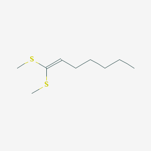 molecular formula C9H18S2 B14624546 1-Heptene, 1,1-bis(methylthio)- CAS No. 56772-88-4