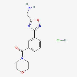molecular formula C14H17ClN4O3 B1463379 {3-[3-(Morpholin-4-ylcarbonyl)phenyl]-1,2,4-oxadiazol-5-yl}methylamine hydrochloride CAS No. 1185299-40-4