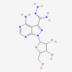 molecular formula C11H16N8O4 B14638891 N,5-Diamino-9-[3,4-dihydroxy-5-(hydroxymethyl)oxolan-2-YL]-2,4,8,9-tetrazabicyclo[4.3.0]nona-1,3,5,7-tetraene-7-carboximidamide CAS No. 55559-53-0