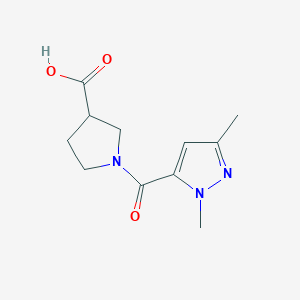 molecular formula C11H15N3O3 B1467287 1-(1,3-二甲基-1H-吡唑-5-羰基)吡咯烷-3-甲酸 CAS No. 1469210-34-1