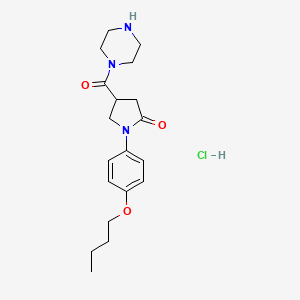 molecular formula C19H28ClN3O3 B14673873 1-((1-(4-Butoxyphenyl)-5-oxo-3-pyrrolidinyl)carbonyl)piperazine hydrochloride CAS No. 38160-20-2