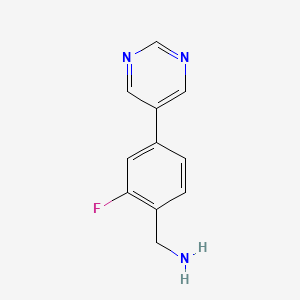 molecular formula C11H10FN3 B1467507 (2-Fluoro-4-(pyrimidin-5-yl)phenyl)methanamine CAS No. 1247565-04-3