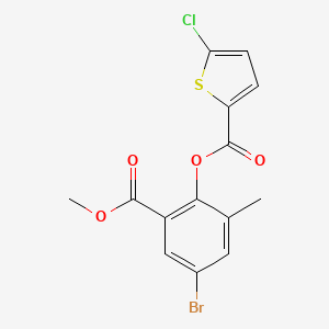 molecular formula C14H10BrClO4S B14676071 2-Thiophenecarboxylic acid, 5-chloro-, 4-bromo-2-(methoxycarbonyl)-6-methylphenyl ester CAS No. 36050-33-6