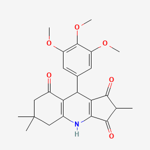 molecular formula C24H27NO6 B14677247 1H-Cyclopenta(b)quinoline-1,3,8(2H,5H)-trione, 4,6,7,9-tetrahydro-9-(3,4,5-trimethoxyphenyl)-2,6,6-trimethyl- CAS No. 34947-51-8