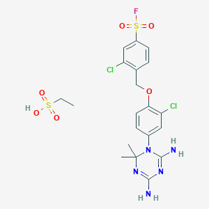 molecular formula C20H24Cl2FN5O6S2 B14681259 3-Chloro-4-[[2-chloro-4-(4,6-diamino-2,2-dimethyl-1,3,5-triazin-1-yl)phenoxy]methyl]benzenesulfonyl fluoride;ethanesulfonic acid CAS No. 31000-01-8