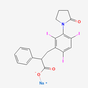 molecular formula C19H15I3NNaO3 B14704671 2-Phenyl-3-(3-(2-oxo-1-pyrrolidinyl)-2,4,6-triiodophenyl)propionic acid sodium salt CAS No. 21763-37-1