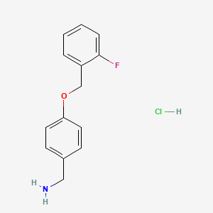 molecular formula C14H15ClFNO B1471086 {4-[(2-Fluorophenyl)methoxy]phenyl}methanamine hydrochloride CAS No. 1518625-16-5