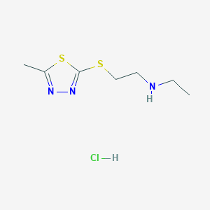 molecular formula C7H14ClN3S2 B1471376 N-ethyl-2-((5-methyl-1,3,4-thiadiazol-2-yl)thio)ethan-1-amine hydrochloride CAS No. 1864059-51-7