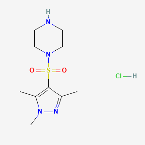 molecular formula C10H19ClN4O2S B1473402 1-[(1,3,5-trimethyl-1H-pyrazol-4-yl)sulfonyl]piperazine hydrochloride CAS No. 1576216-95-9