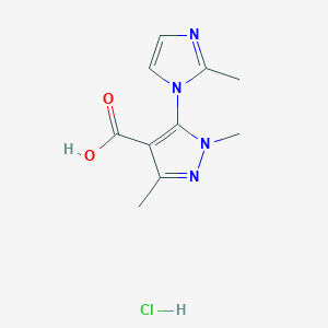 molecular formula C10H13ClN4O2 B1473858 1,3-dimethyl-5-(2-methyl-1H-imidazol-1-yl)-1H-pyrazole-4-carboxylic acid hydrochloride CAS No. 1795275-68-1