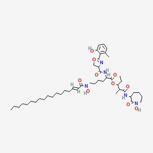 molecular formula C47H75N5O10 B14747863 [1-[(1-hydroxy-2-oxoazepan-3-yl)amino]-2-methyl-1-oxopentan-3-yl] 2-[[2-(2-hydroxy-6-methylphenyl)-4,5-dihydro-1,3-oxazole-4-carbonyl]amino]-6-[hydroxy-[(E)-octadec-2-enoyl]amino]hexanoate 