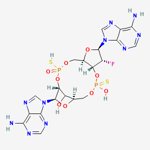 molecular formula C20H23FN10O9P2S2 B14752169 (1R,6R,8R,9R,10R,15R,17R)-8,17-bis(6-aminopurin-9-yl)-9-fluoro-12-hydroxy-3-oxo-3-sulfanyl-12-sulfanylidene-2,4,7,11,13,16-hexaoxa-3λ5,12λ5-diphosphatricyclo[13.2.1.06,10]octadecan-18-ol 