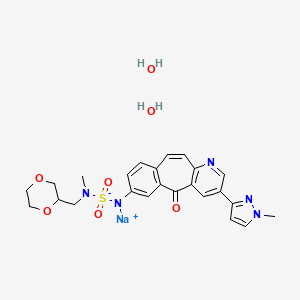 sodium;[1,4-dioxan-2-ylmethyl(methyl)sulfamoyl]-[5-(1-methylpyrazol-3-yl)-2-oxo-7-azatricyclo[9.4.0.03,8]pentadeca-1(11),3(8),4,6,9,12,14-heptaen-14-yl]azanide;dihydrate