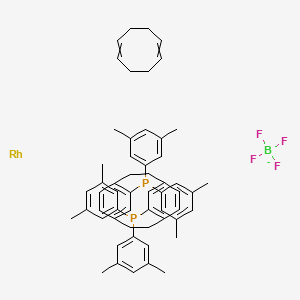 molecular formula C56H62BF4P2Rh- B14789556 [11-Bis(3,5-dimethylphenyl)phosphanyl-5-tricyclo[8.2.2.24,7]hexadeca-1(12),4,6,10,13,15-hexaenyl]-bis(3,5-dimethylphenyl)phosphane;cycloocta-1,5-diene;rhodium;tetrafluoroborate 