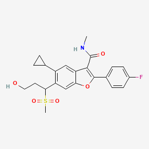 molecular formula C23H24FNO5S B14793090 5-Cyclopropyl-2-(4-fluorophenyl)-6-[3-hydroxy-1-(methylsulfonyl)propyl]-N-methyl-3-benzofurancarboxamide CAS No. 1188265-96-4